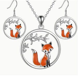 Fox Pendant & Earrings Set Necklace Silver Tone